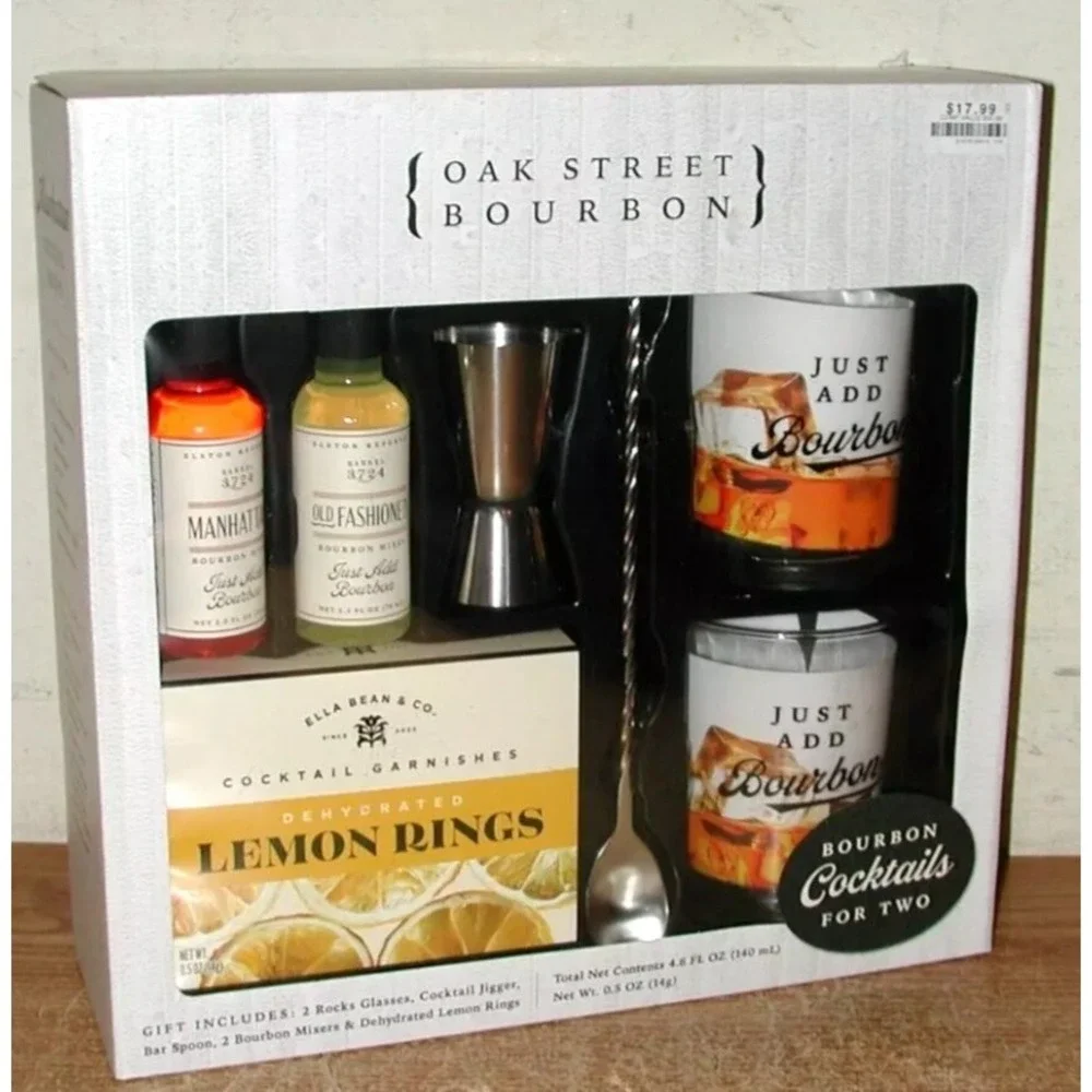 OAK STREET BOURBON COCKTAILS FOR TWO GIFT SET NEW includes Glasses, Jiggers, Mix